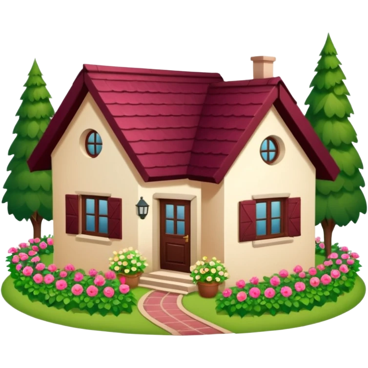 A dacha with a burgundy tiled roof and a garden emoji