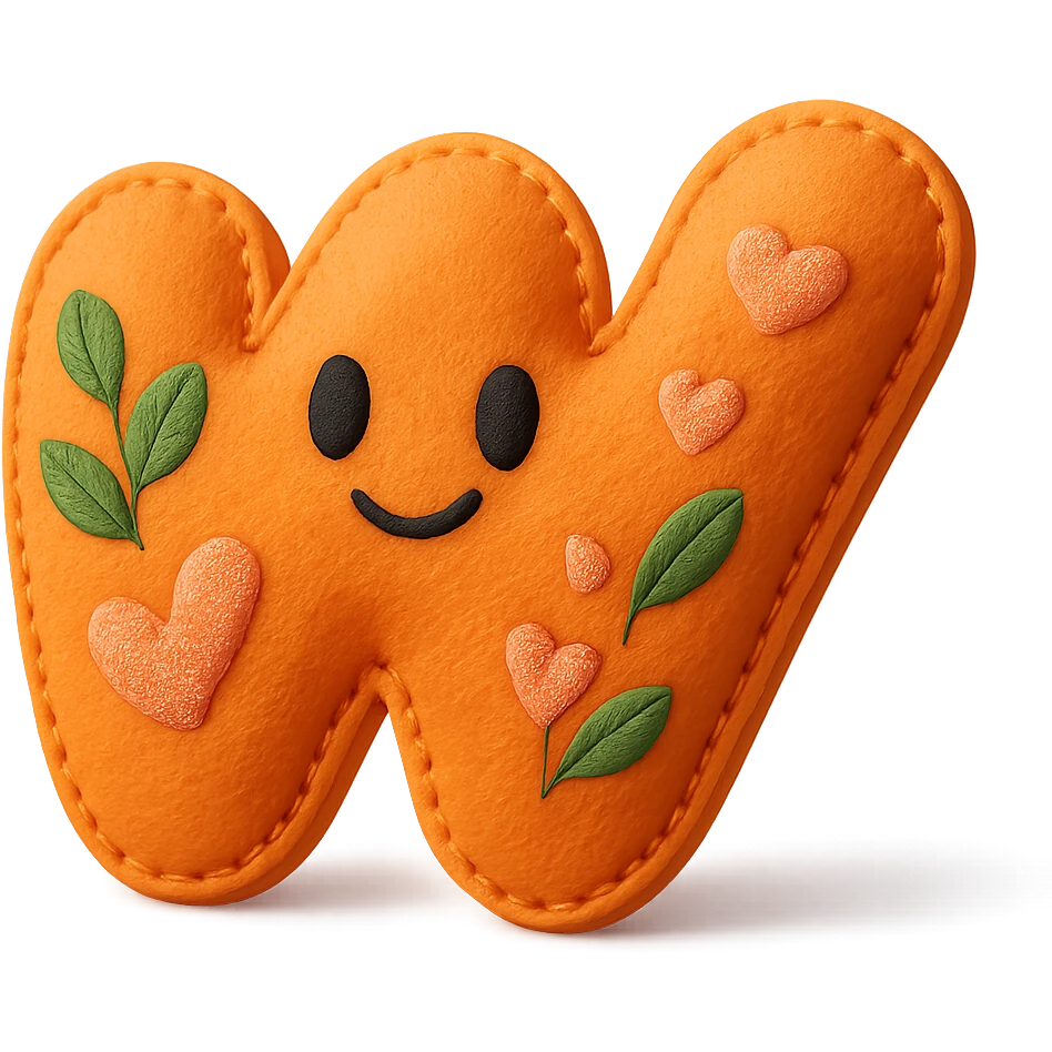 vibrant puffy Wattpad logo 'w' with bold outline, stylized shadows and highlights, decorated with both leaves and hearts, no background emoji