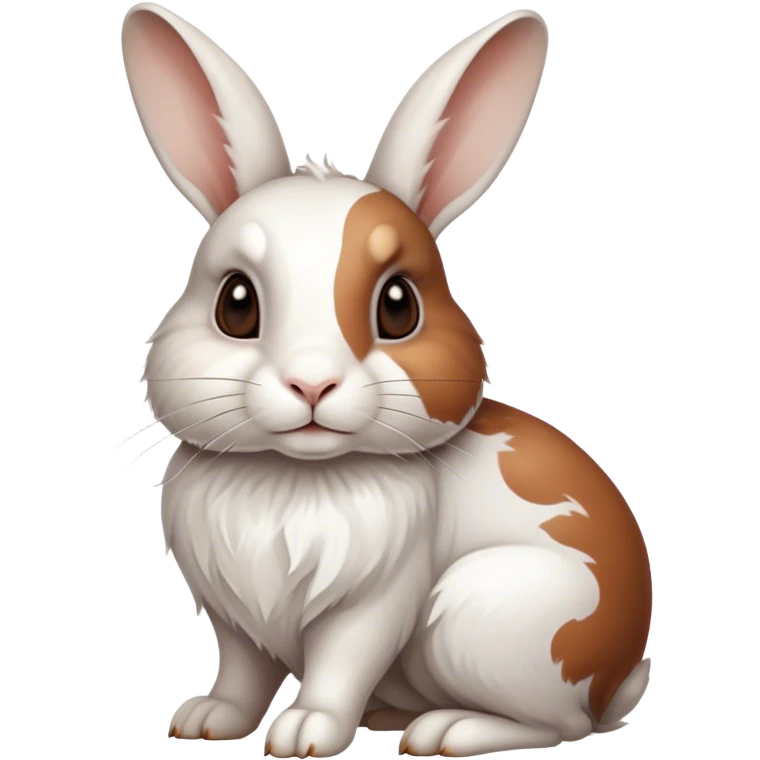 Cinematic Noble White and Brown Rabbit Portrait Emoji, Poised and regal, with a balanced, compact build and a beautifully patterned fur of pristine white accented by rich brown patches, long, alert ears and deep-set soulful eyes, Simplified yet sharp and sophisticated features, highly detailed, glowing with a soft, dignified glow, high shine, intelligent and gentle, stylized with an air of refined charm, focused and attentive, soft glowing outline, capturing the essence of a watchful and confident companion, so majestic it feels as though it could hop out of the screen with effortless authority! emoji