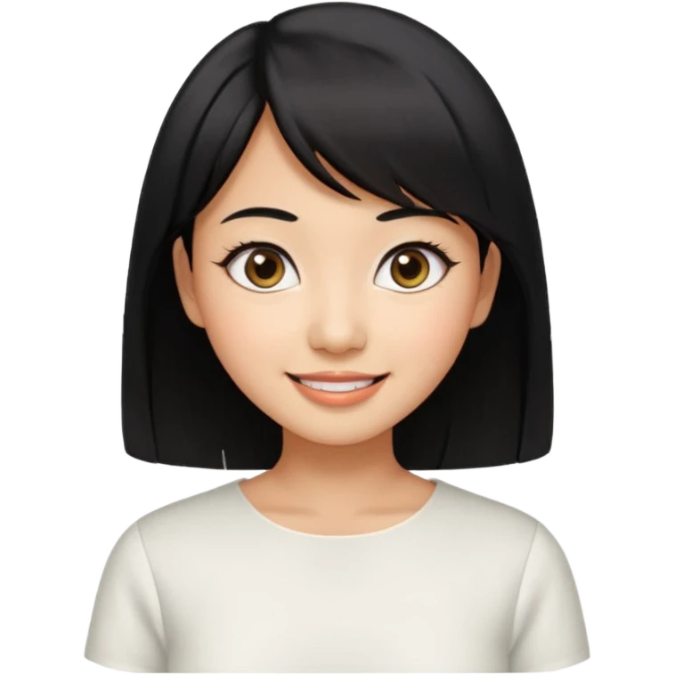 30 yr old asian woman center parted hair big eyes big smile tanned skin straight black hair hippie part hair white blouse shoulder length hair middle parted hair few short bangs at front trendy hair emoji
