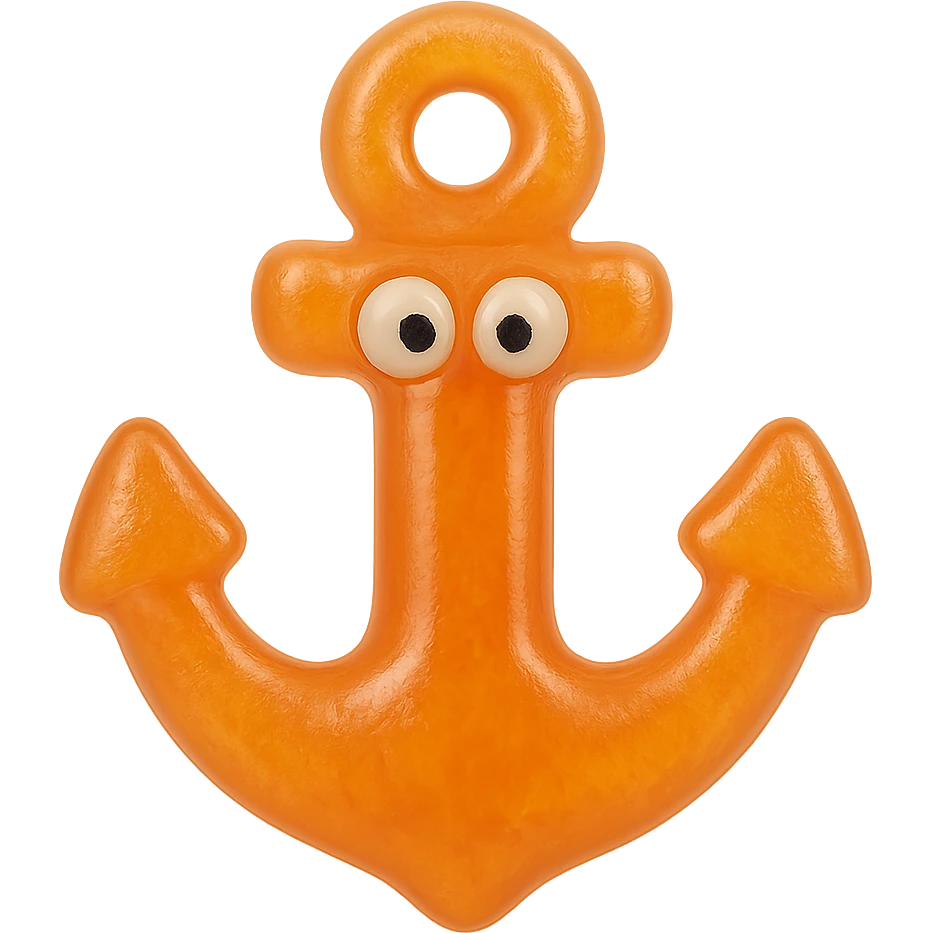 hyper-detailed retro 90's toy style bright orange semi-transparent soft plastic anchor with derpy eyes soft reflections soft and squishy some cloudiness not shiny highly detailed appealing no tag no background emoji