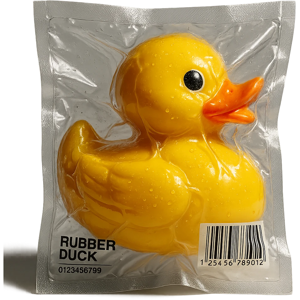 vacuum-sealed rubber duck, shiny and squished emoji