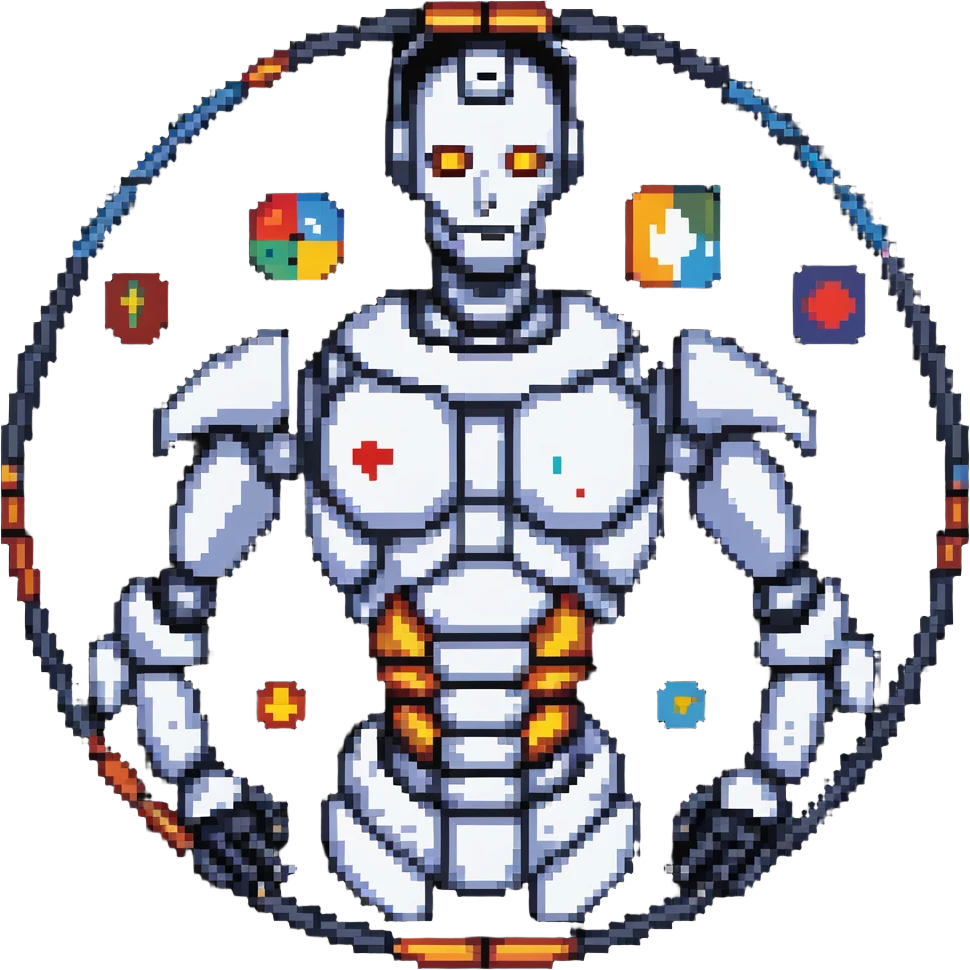 Pixel art of a robot man with a circular chest divided into four segments showing icons for visual art, music, theater, and literature emoji