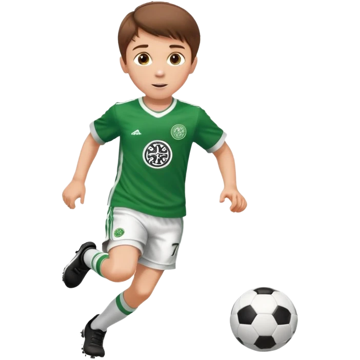 Celtic footballer jersey logo  6 years old brown hair white boy , brown eyes , stripes uniform , RUNNING  with soccer ball # 17 celtic football logo PUT ONLY ONE LOGO ONE CELTIC LOGO ONLY white shorts emoji