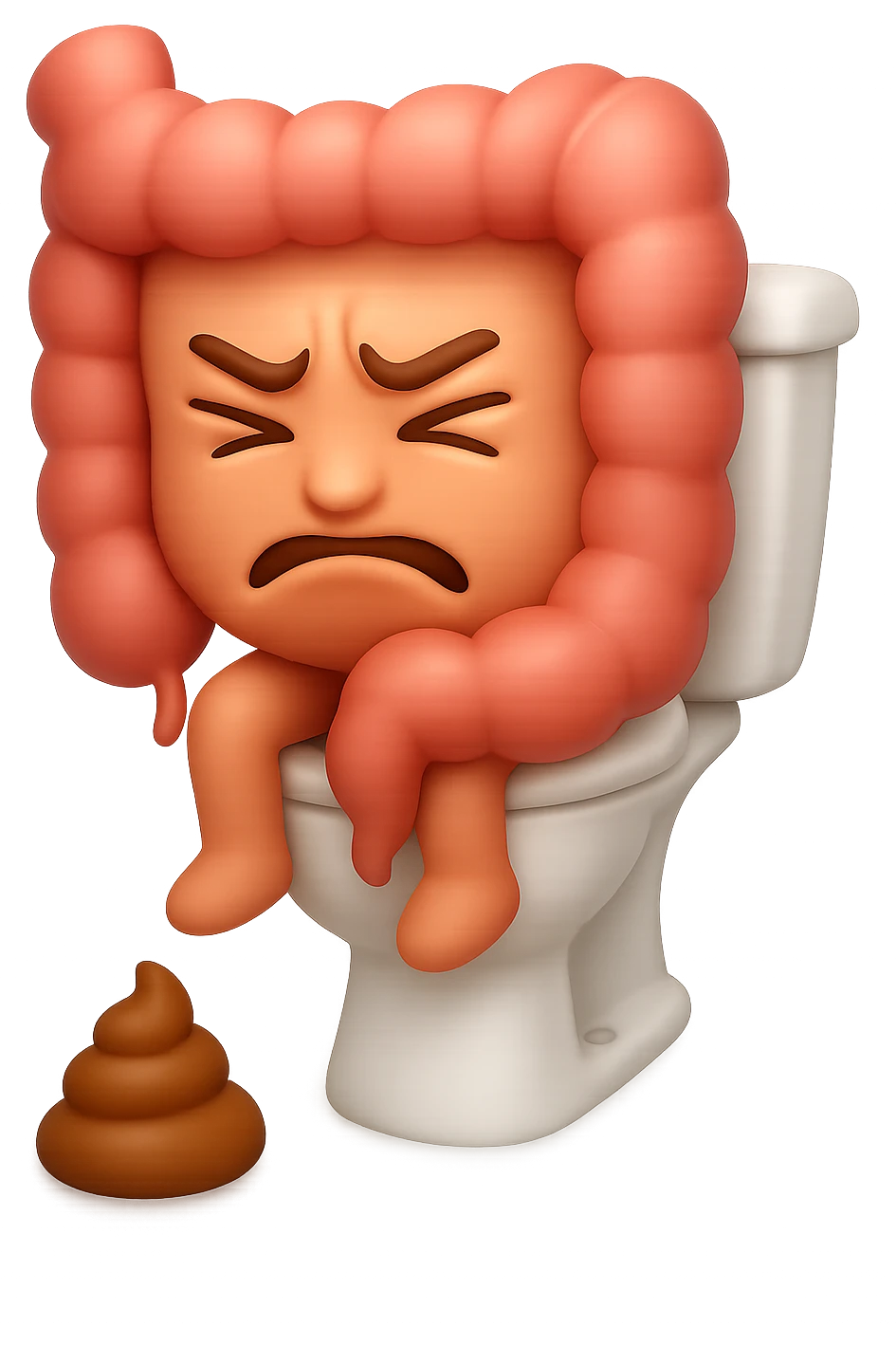 EMOJI STILE IPHONE 3D DI UN INTESTINO CHE sta seduto sul wc e davanti ha una montagnetta di feci a palline stile emoji iphone, fallo senza naso e FAGLI UN ESPRESSIONE di dolore mentre si sforza E FALLO MOLTO REALISTICO IN 3D emoji