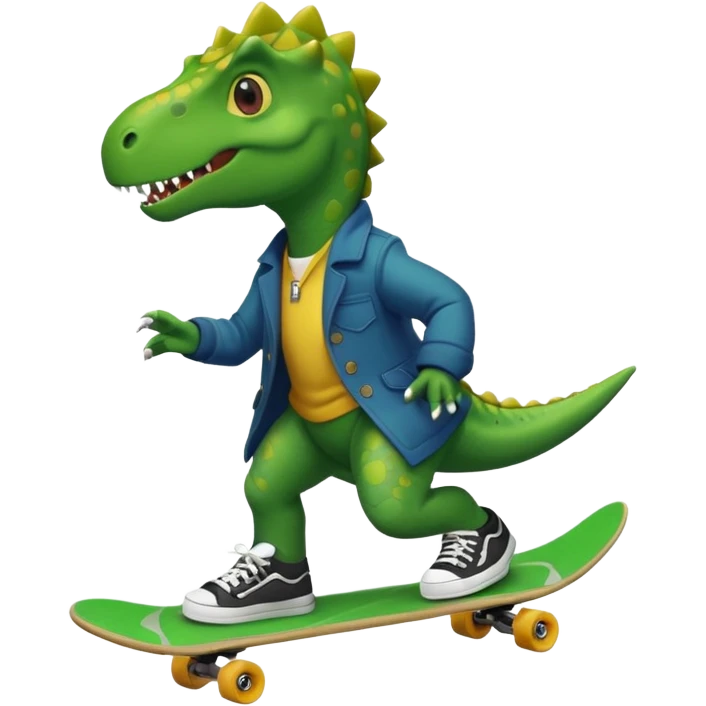 a dinosaur on a skateboard wearing a coat with sneakers in the bottom emoji