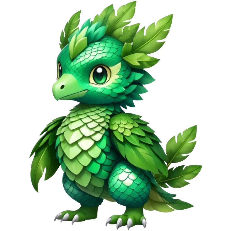 Cute cool fantasy animal hybrid Fakemon full body, green scales, leaves, feathers, emoji