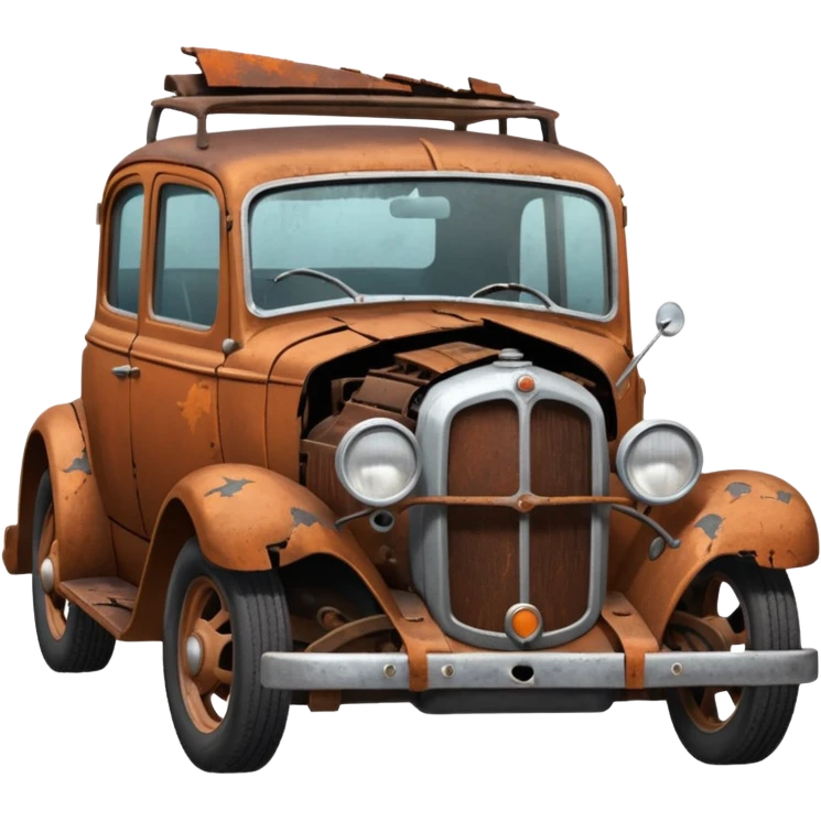 Side view of a broken-down old car with steam from the open bonnet, shattered windows, rusted doors, a flat tire, dents, peeling paint, and a grimy, neglected look. emoji