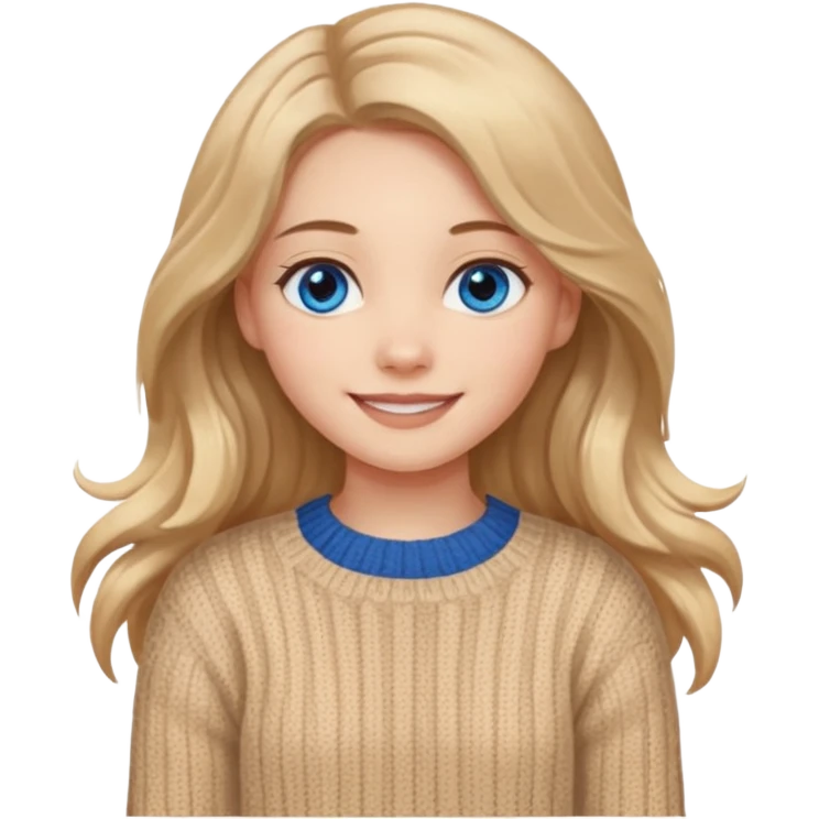 ЗГЕНЕРУЙ ДІВЧИНУ З СВІТЛИМ, ПШЕНИЧНИМ, ТРОХИ ХВИЛЯСТИМ ВОЛОССЯМ, ОДЯГНЕНУ У В'ЯЗАНИЙ ТІЛЕСНИЙ СВЕТР. В НЕЇ ГОЛУБІ ОЧІ ТА ДОВГЕ ВОЛОССЯ, ВОНА УСМІХНЕНА emoji