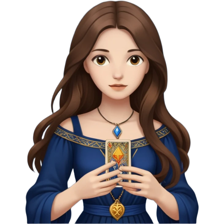 A girl with long hair, in a dark blue dress holds tarot cards in her hands emoji
