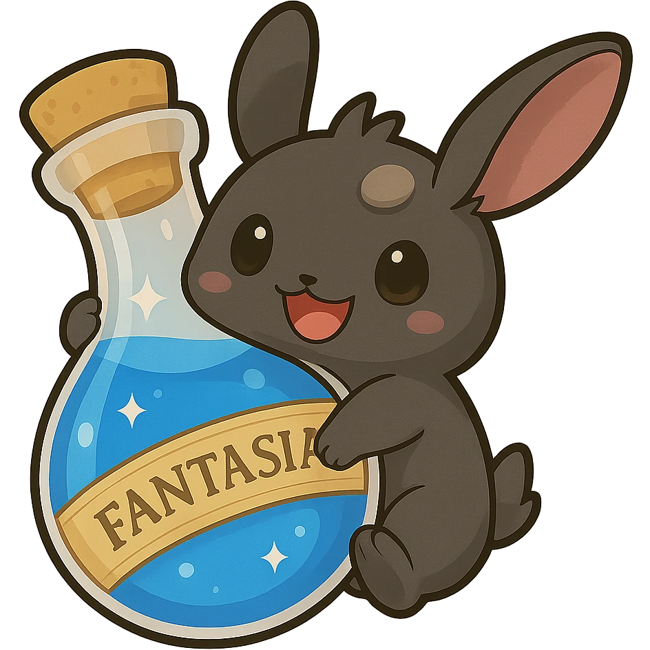 Change the liquid in the fantasia bottle to a vibrant blue, keeping the chibi, adorable style and all other details the same. Keep the background transparent. emoji