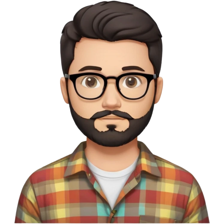 a 30-year-old man with light skin, medium solid build, wide face, soft cheeks, rounded jawline, neutral relaxed expression, short dense full beard, wavy voluminous brown-black hair at the front, large rectangular black thick frame glasses, colorful button-up shirt open showing white t-shirt emoji