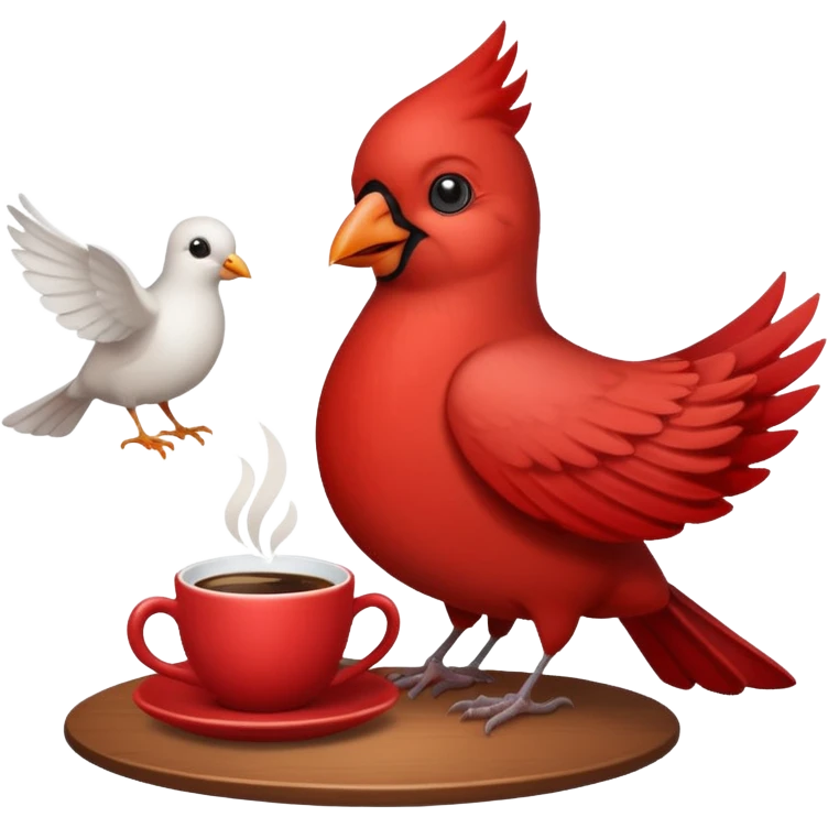 Happy cardinal bird with a dove and a cup of coffee emoji