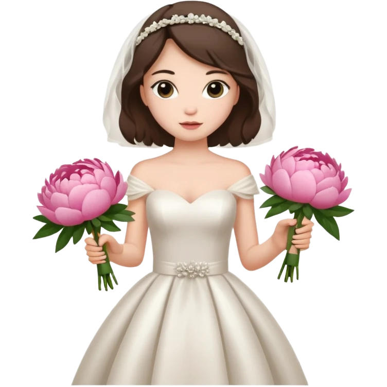 girl in a chic wedding dress and with peonies in her hands emoji