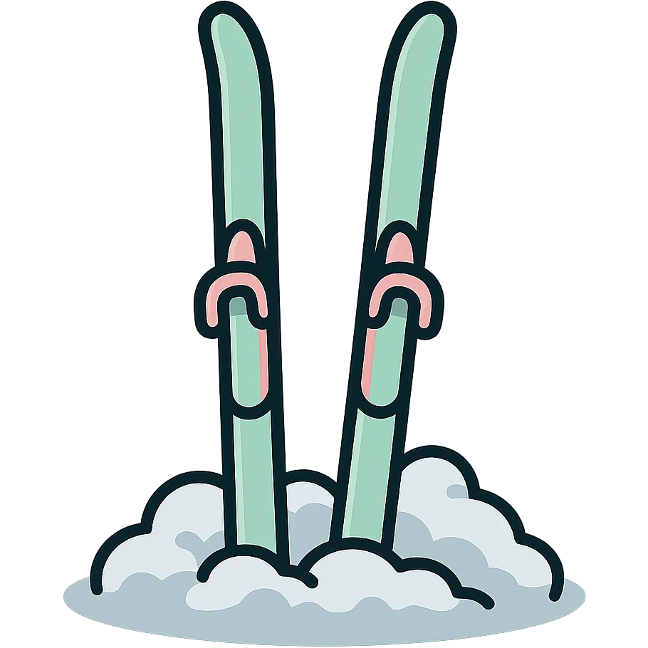 narrow cross-country skis stuck into the snow, snow piled up around the bases, detailed shading, thin clean outlines, soft rounded features, pastel palette #98B5BC #B5B3C1 #C9A3C9 #E4C0CA #F7DCD1 #F7C0AA, Japanese pop art, sticker look, highly detailed, vector clarity, soft lighting, subtle shadows, transparent background emoji
