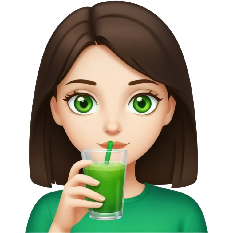 brunette girl with green eyes drinks green drink emoji