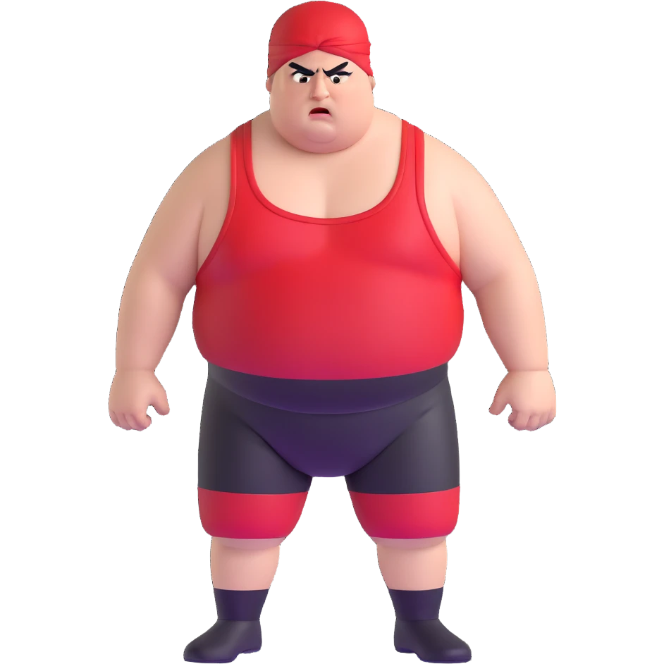 Close-up of white skin fat guy with prominent black durag, completely shaved face, no beard or mustache, black eyes in a red and black wrestling singlet with angry face emoji