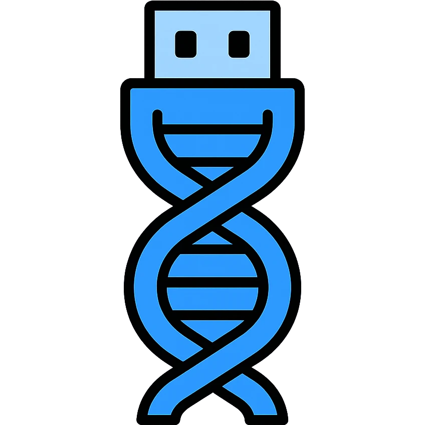 Make the DNA/USB logo icon blue, keep cybernetic and tech-inspired look in color outline style. emoji