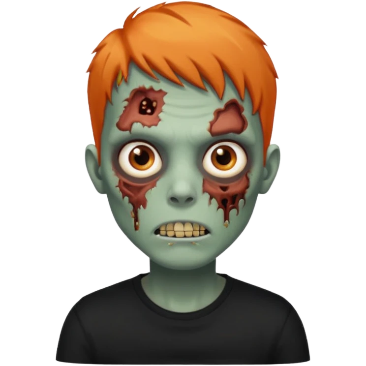 Faça uma zumbi com cabelos curtos e laranja, deve estar vestindo uma camisa preta e ter seus olhos castanhos emoji