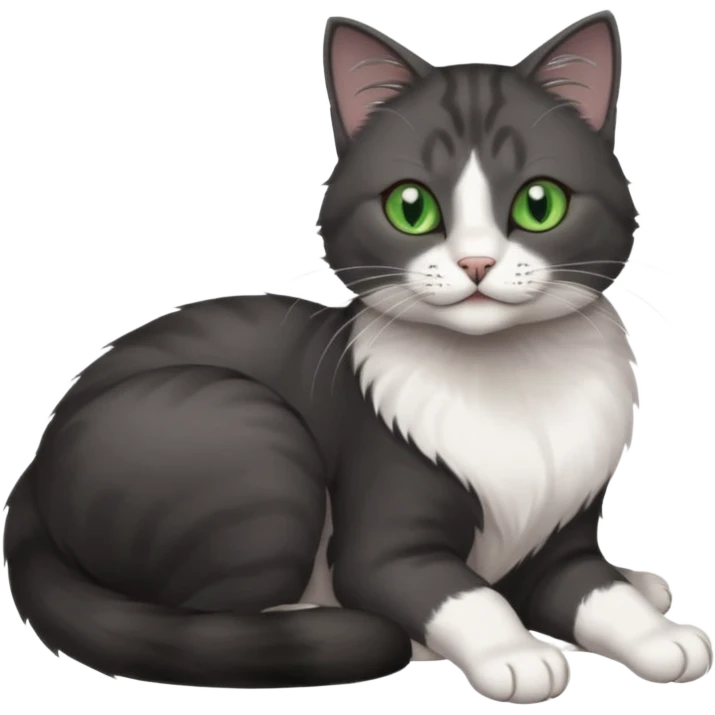 beautiful female solid dark grey cat with green eyes, white toes/paws and white patch on her chest rolling over emoji