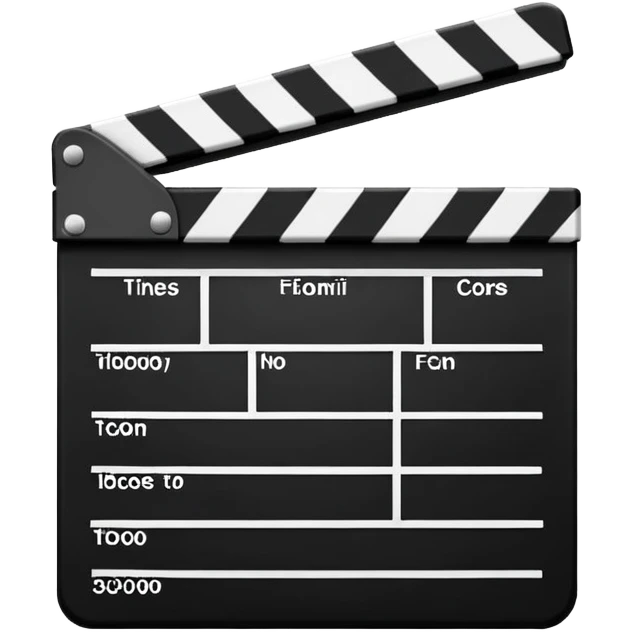 Classic movie clapperboard with traditional black and white striped top part and black base, iOS emoji style emoji