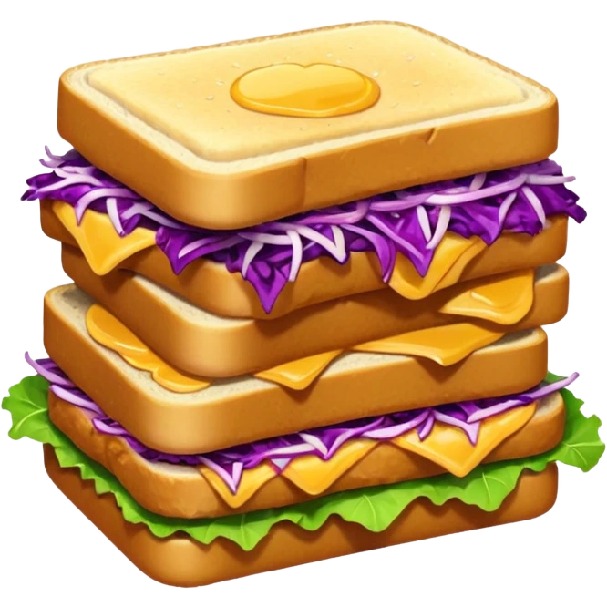 A cute, simplified emoji-style illustration of a stacked chicken sandwich — two thick golden toast slices, a crispy breaded chicken fillet, green lettuce, and purple cabbage slaw, with glossy dark sauce dripping down the sides. emoji