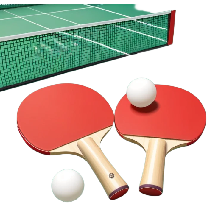 Two table tennis paddles and a ball placed on a ping pong table, with the net in the background. The scene conveys the simplicity and focus of the sport, with vibrant colors highlighting the rackets and ball on the smooth surface of the table. emoji