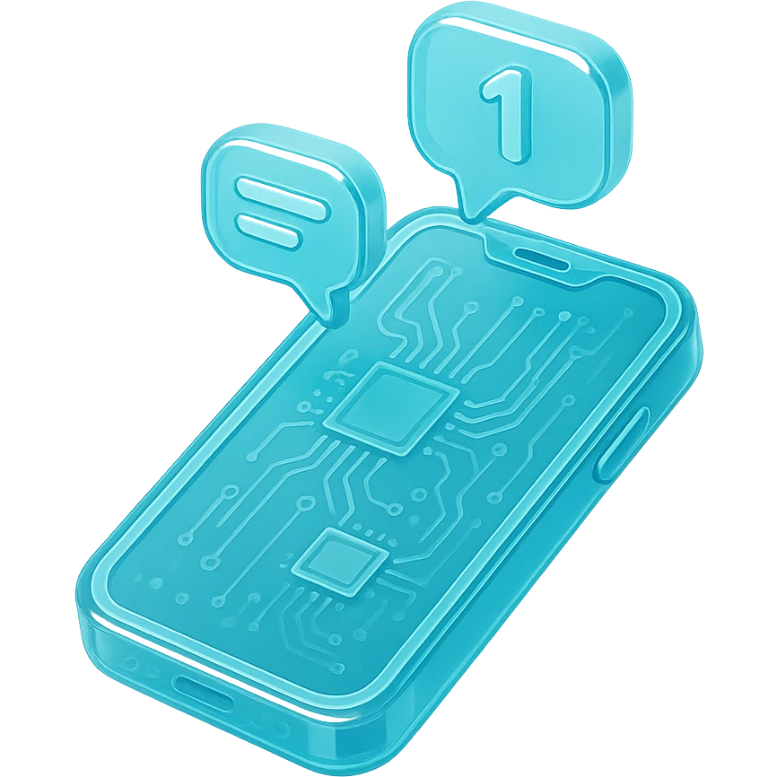 a smartphone with notification bubbles, flat design, cyan blue emoji
