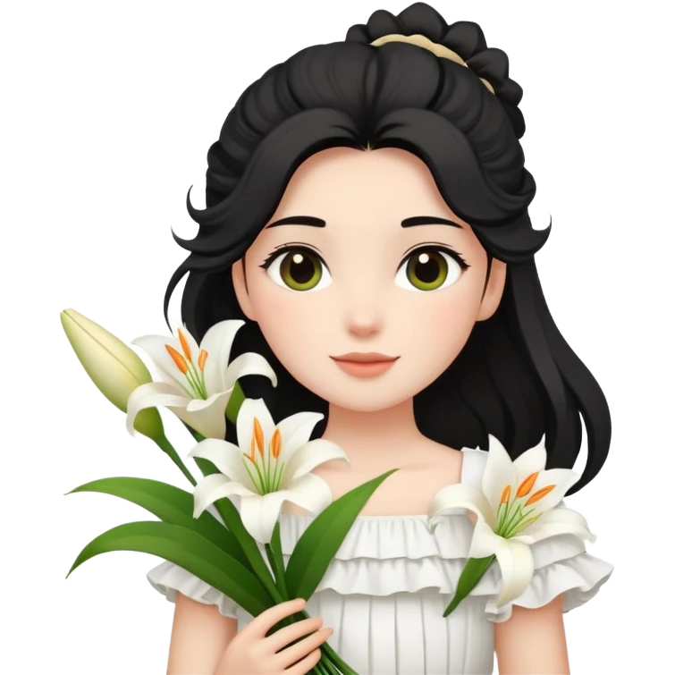  A girl with a black half-up half-down hairstyle, and a white ruffled top, enjoying the spring breeze.Holding a bundle of lily emoji