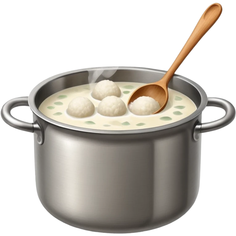 deep stainless steel stockpot with boiling water and floating glutinous rice flour balls and one wooden spoon emoji