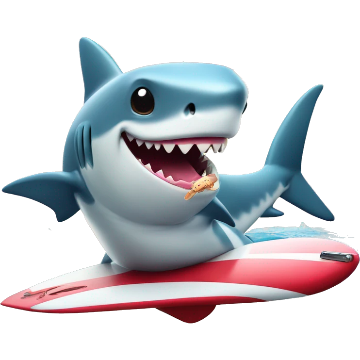 Shark with a top hat, eating ice cream on a surfboard while in the middle of a plane on the ocean emoji