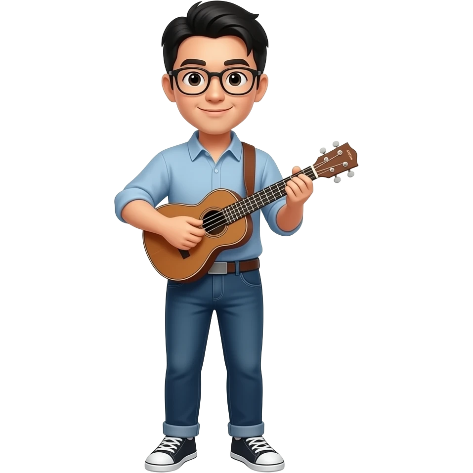 Asian man with glasses playing ukulele emoji