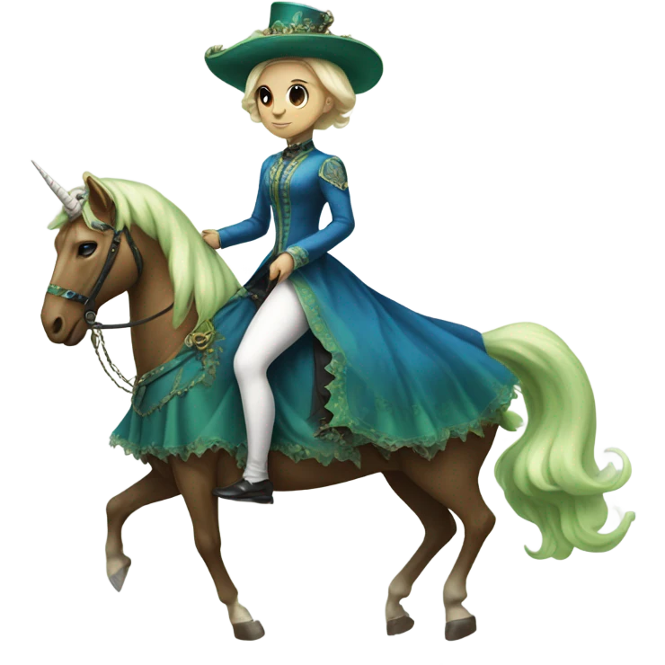 "galora green blonde alien woman" in blue Victorian dress elegant, full body, on brown and white unicorn emoji