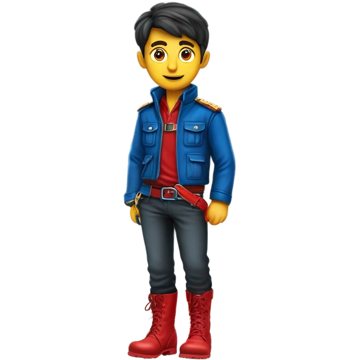 Garçon aux yeux bleus portant une veste en cuir rouge avec ceinture, pantalon en ￼cuir rouge, une ceinture rouge, des boots rouges,￼￼ emoji