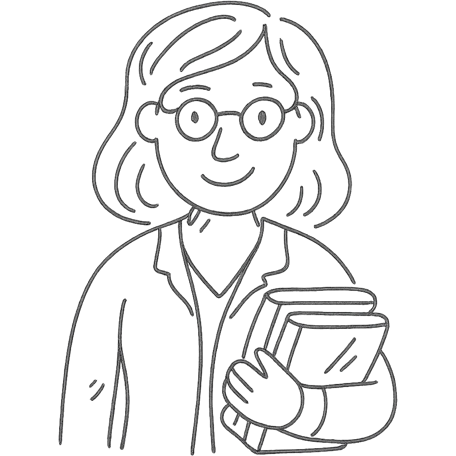 teacher with brown hair holding books, hand-drawn sketch style, expressive face emoji