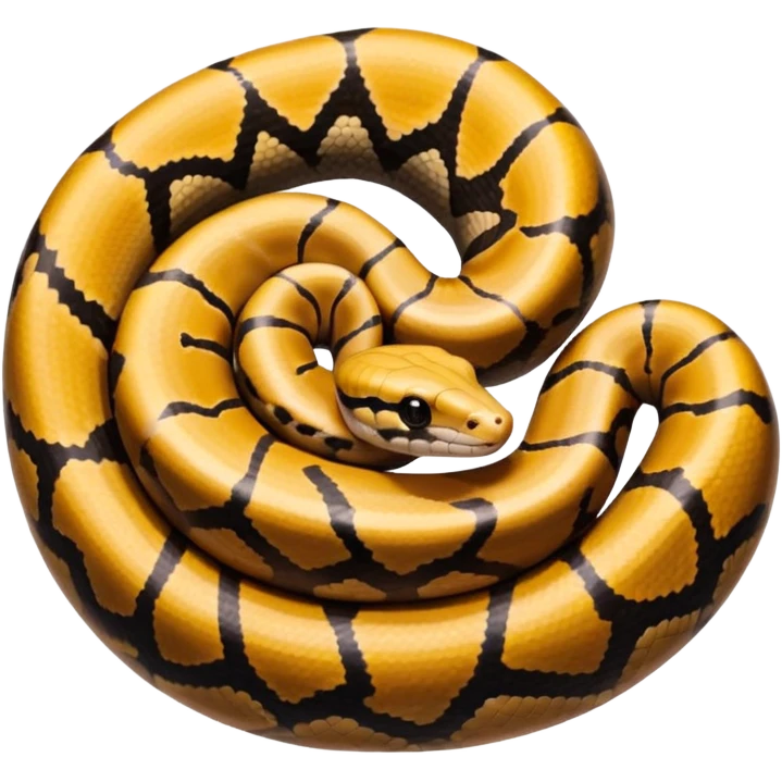 A photo-realistic top-down view of a Ball Python gently coiled into a tight spiral, with its head resting peacefully at the center. Its scales are warm brown with bold, irregular black markings, including the distinctive “alien-head” pattern, flowing smoothly along its body.  emoji