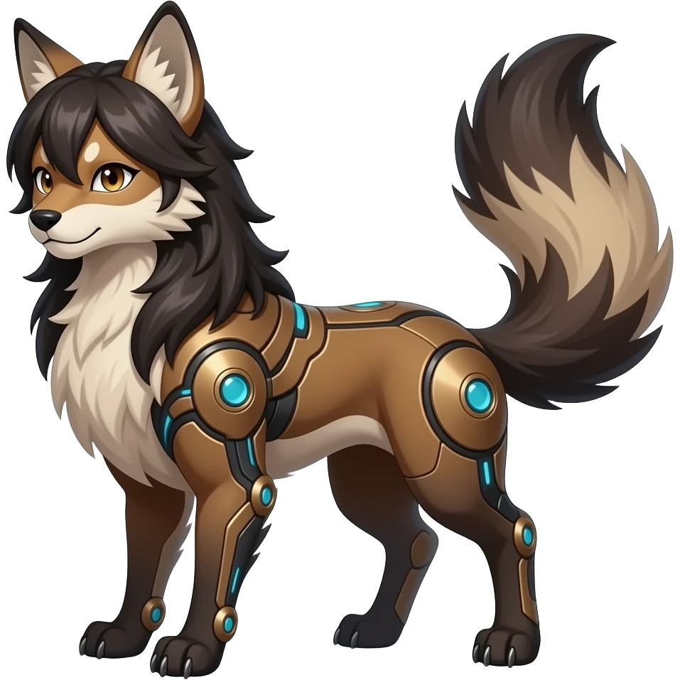 Brown and beige badass elegant wild beautiful natural badass futuristic epic exotic anthro modern furry cyborg-sergal-vernid-creature, full body, dark-brown-black-gradient pretty hair, with a long tufted tail, aesthetic, art by LiLaiRa, art by art by Falvie emoji