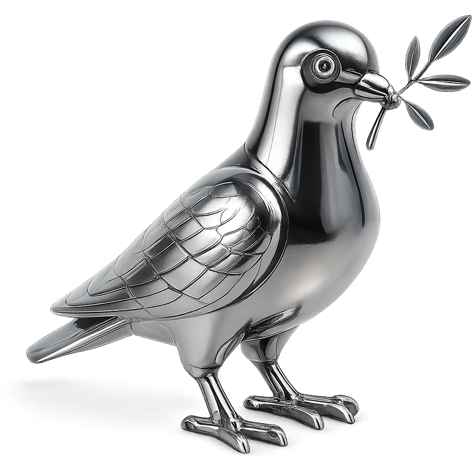 stylized chrome pigeon with a branch in its beak, polished and futuristic emoji