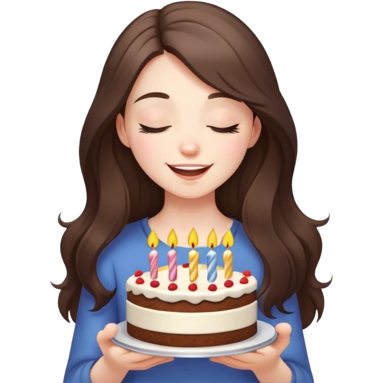 happy beautiful pale brunette girl with long eyes closed hair holding a piece of birthday cake  emoji