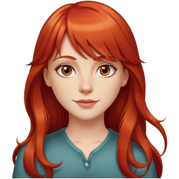 Long red hair white girl with bangs, hazel eyes, dimples  emoji