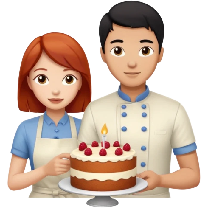 black haired asian guy bakes cake with redhead girlfriend emoji