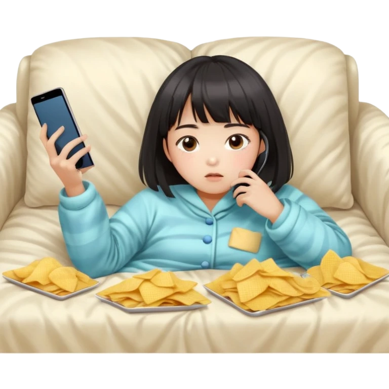 Cute East Asian girl, soft fair skin, straight bangs, messy inward bob. Wearing fluffy pajamas, lying on couch under blanket, holding chips and phone, expression blank and tired. emoji
