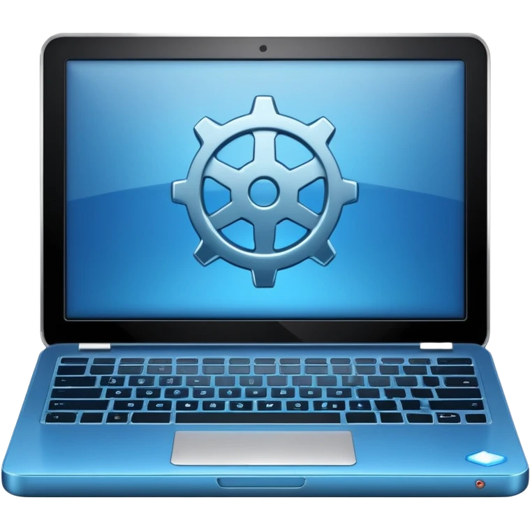 laptop with a play button and gear above emoji