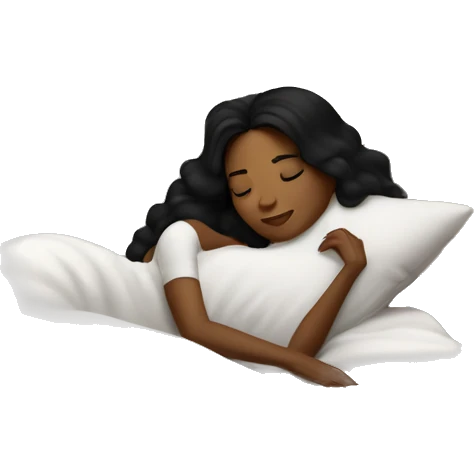 Sleeping woman laying with light brown skin and black hair laying on white pillow in large bed with black covers cozy emoji