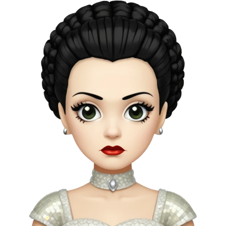 Bride of Frankenstein with black hair, ivory sequin outfit emoji