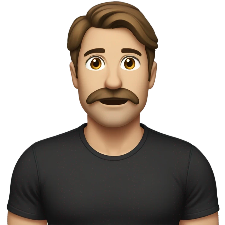 Brown haired guy with a mustache eyes rolling back board blowing air out of his mouth black T-shirt in his late 30s ￼ brown mustache and hair is in a ponytail emoji