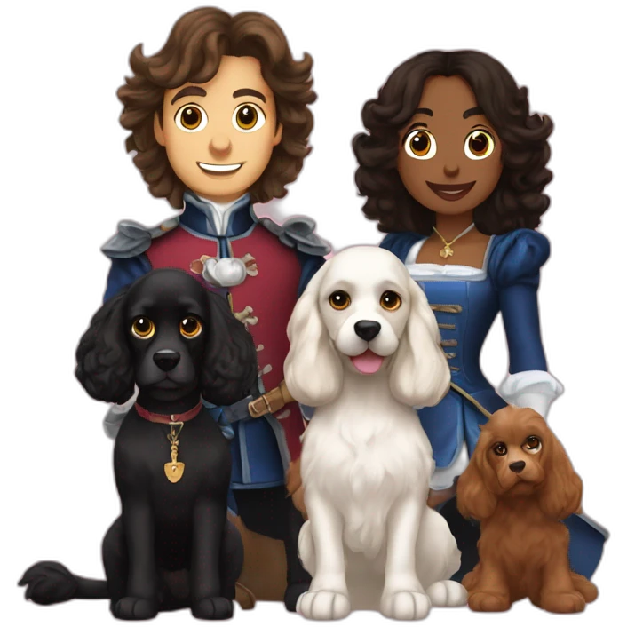the three musketeers with one cocker spaniel dog + 2 black cats emoji
