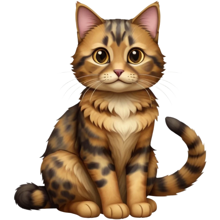 cinematic-[tortoiseshell tabby cat]-realistic-full-body-sitting-emoji,-tail-curled-playfully-around-its-paws,-head-tilted-dramatically,-scruffy-[dark faced tortoiseshell coloured]-fur,-simplified-yet-realistic-focused-features,-highly-detailed,-glowing-with-an-almost-sarcastic-glow emoji