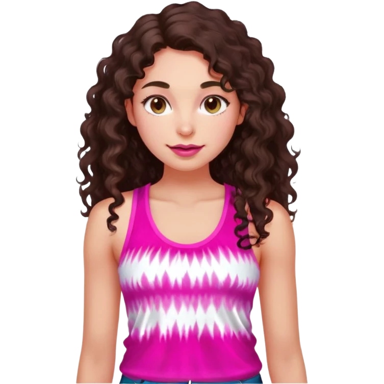 Young adult woman with luminous fair skin, long dark brown curly hair, large almond dark brown eyes, thick lips, wearing bright pink tie-dye tank top, warm friendly expression emoji