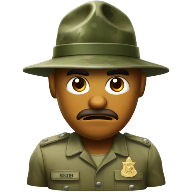 drill sergeant character wearing a classic sergeant hat and a camouflage army shirt. The character should have an angry intense expression. full torso emoji